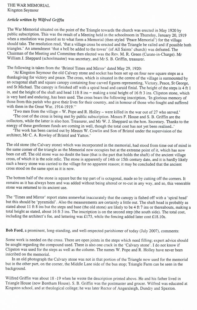 Article written by Wilfred Griffin about the War Memorial